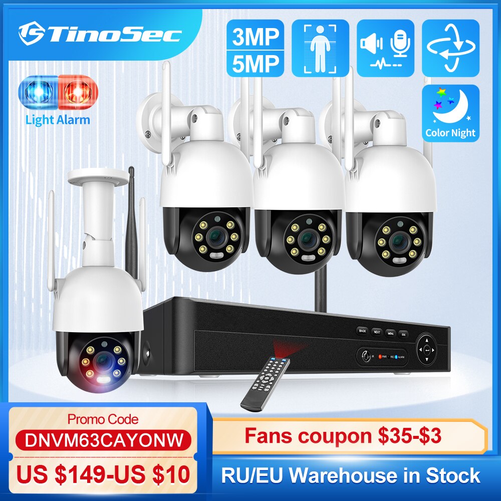 TinoSec-sistema de cámara inteligente PTZ, dispositivo de vigilancia de seguridad con visión nocturna, Audio bidireccional, 8 canales, 3MP, 5MP, Wifi