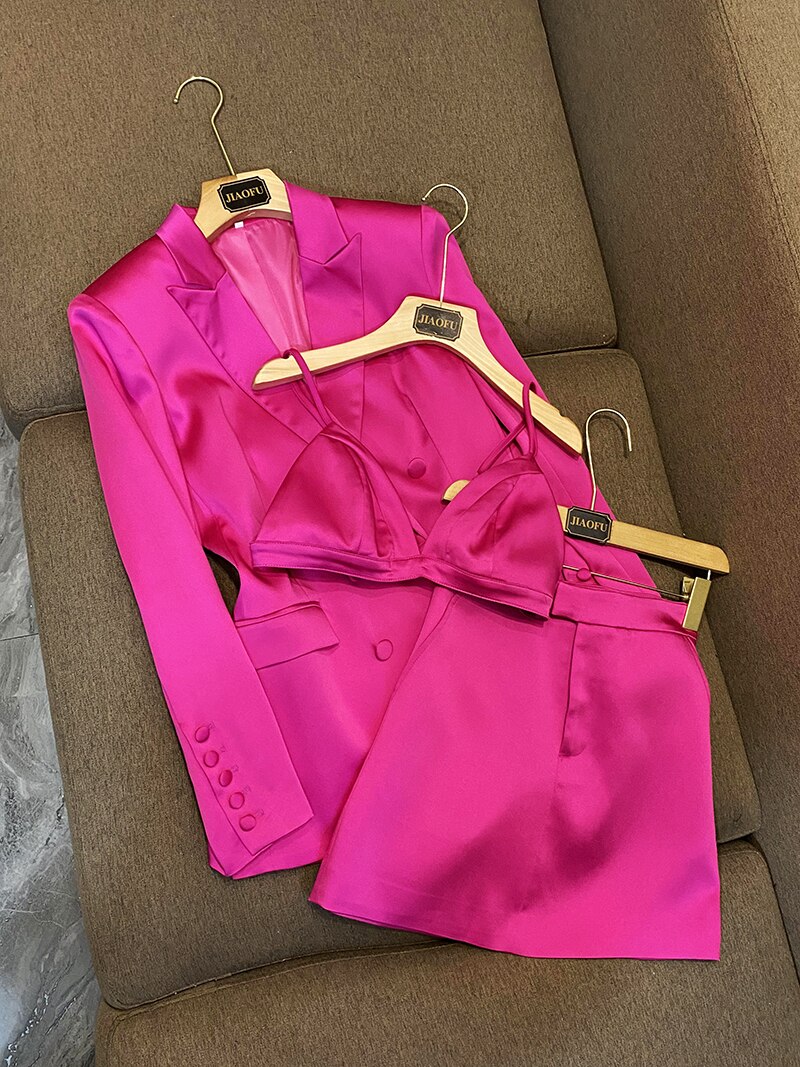 Traje de satén de calidad para mujer, Blazer de doble botonadura, falda de Minin con sujetador, color rojo rosa brillante, 3 piezas