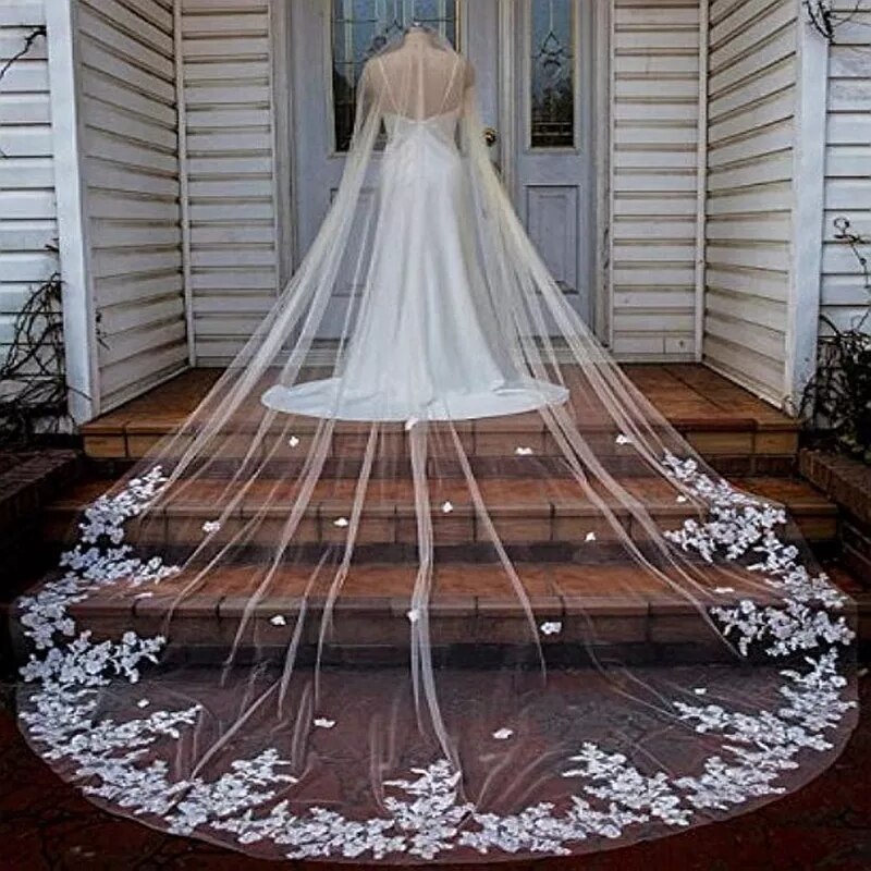 Velo de novia de una capa con borde de encaje blanco, velo de novia con aplique de marfil, con foto Real, 3m, 4m, 5m