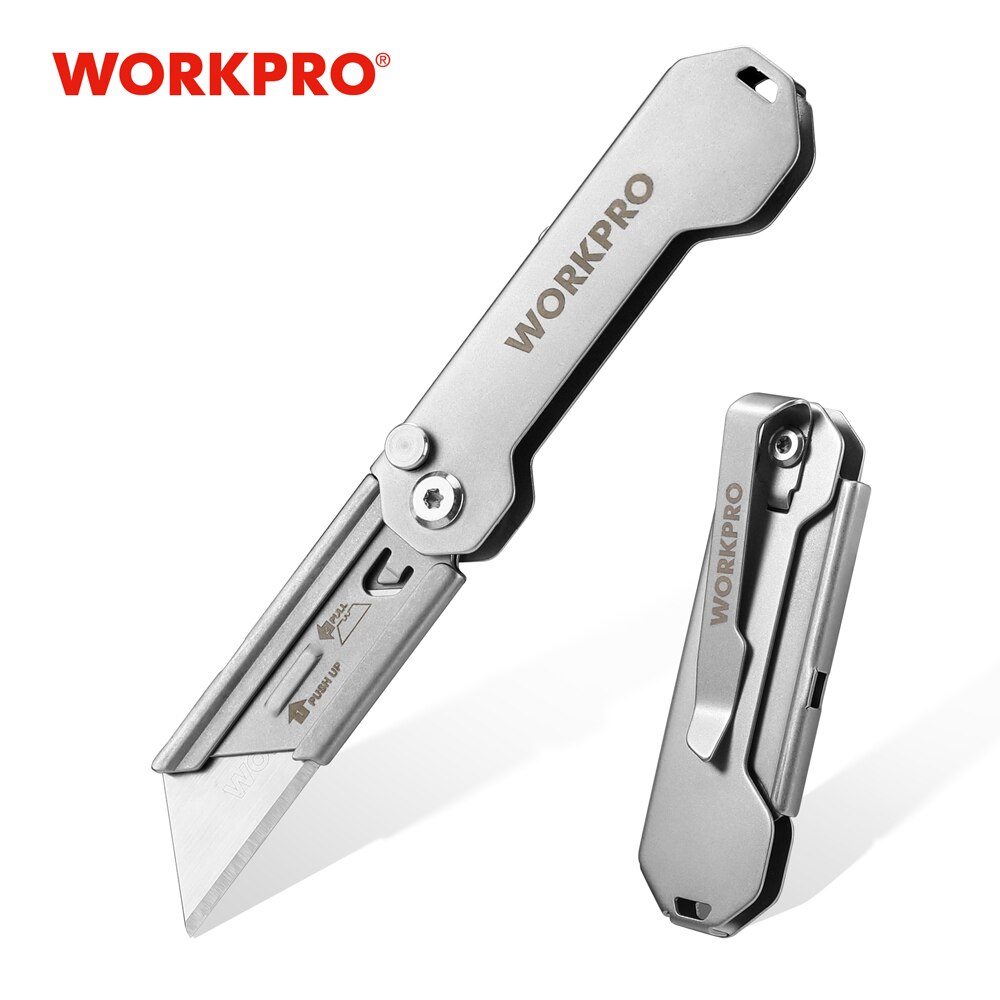 WORKPRO-cuchillo utilitario plegable de acero inoxidable, navaja de bolsillo de realce rápido con Clip para cinturón, hoja afilada para corte de uso General