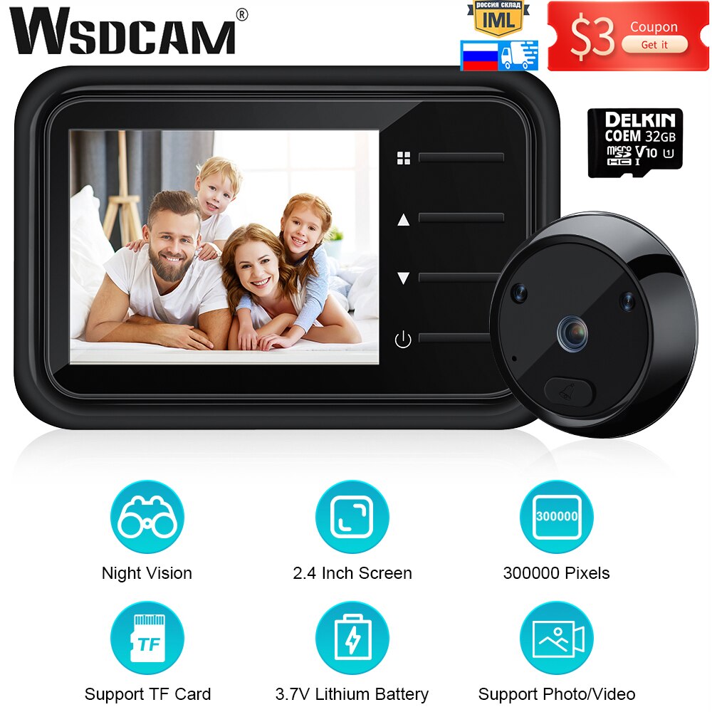WSDCAM-timbre de mirilla con vídeo, cámara de 2,4 pulgadas, LCD, IR, visión nocturna, timbre de puerta Visual, cámara inteligente para el hogar al aire libre