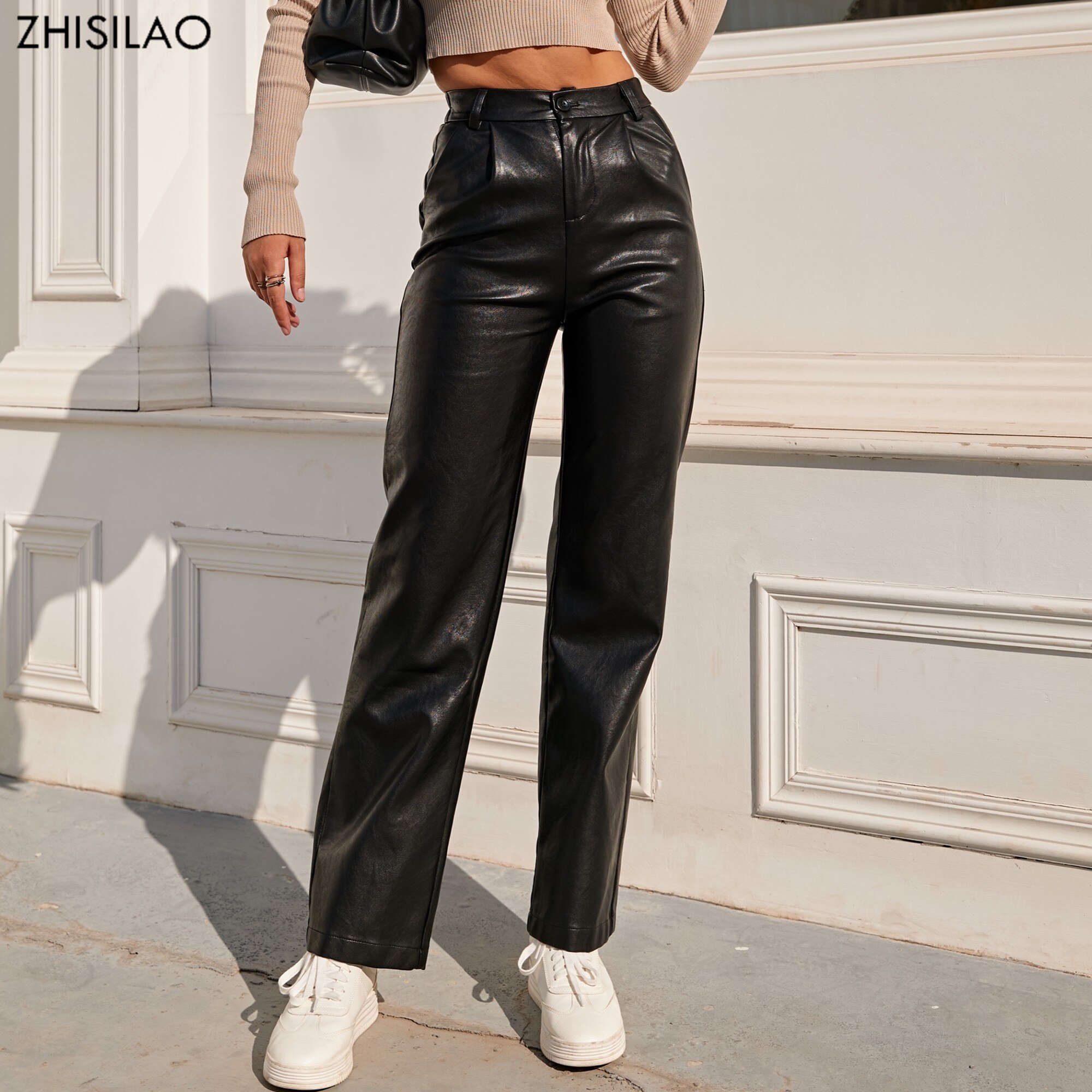 ZHISILAO-pantalones Cargo de cintura elástica de piel sintética para Mujer, ropa de calle Vintage, Pantalones rectos holgados negros, primavera 2022