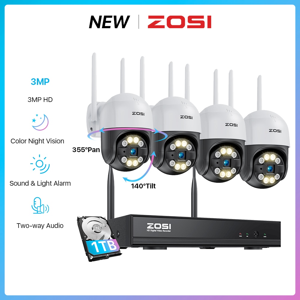 ZOSI-sistema de cámaras de seguridad PTZ para interiores y exteriores, sistema de vigilancia inalámbrico de 3MP, Pan/Tilt, IP, 8CH, 3MP, WiFi, CCTV, NVR, 2K