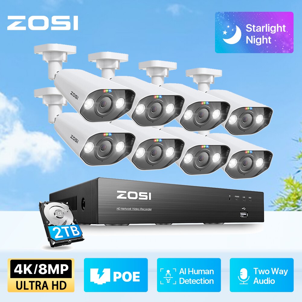 ZOSI-sistema de seguridad de vídeo POE, 8 canales, 8MP/5MP, 4K, 8MP/5MP, Super balas para exterior de HD, cámaras IP con visión nocturna a Color, Audio bidireccional, nuevo