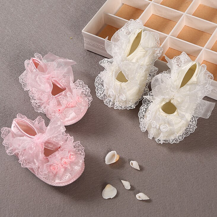 Zapatos antideslizantes de encaje para niña recién nacida, suela suave de princesa para primeros pasos, para fiesta, boda, cuna de algodón, 0-18M