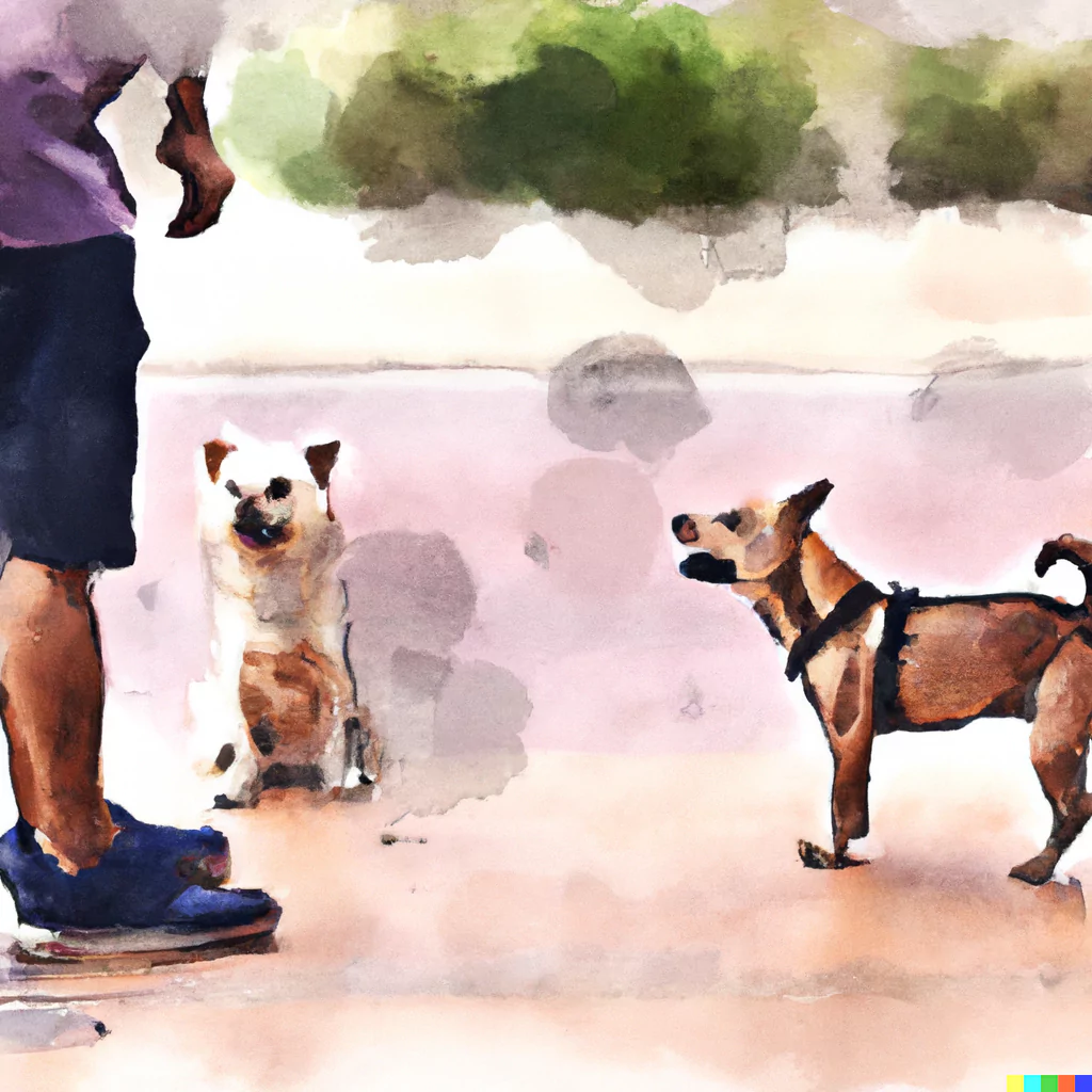 DALL E 2023 01 13 013129 a dog barking at a man and a dog watercolor style full body shot.png