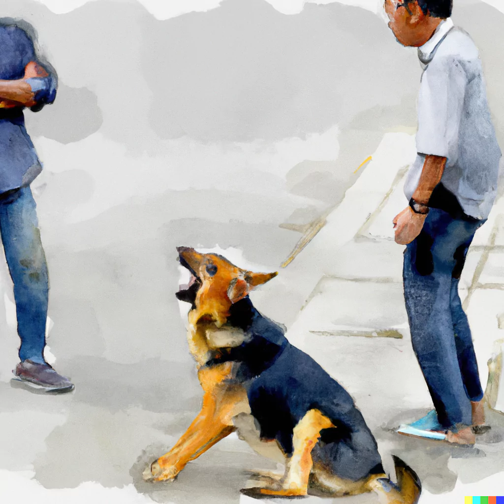 people and a barking dog on the street