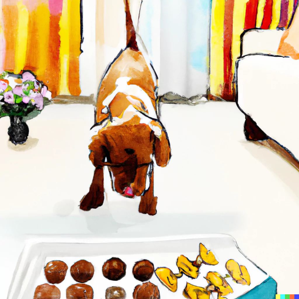 What to Do About Canine and Chocolate 1 DALL E 2023 01 13 123452 a dog smelling chocolates in the living room bright colors watercolor style full body shot 1.png