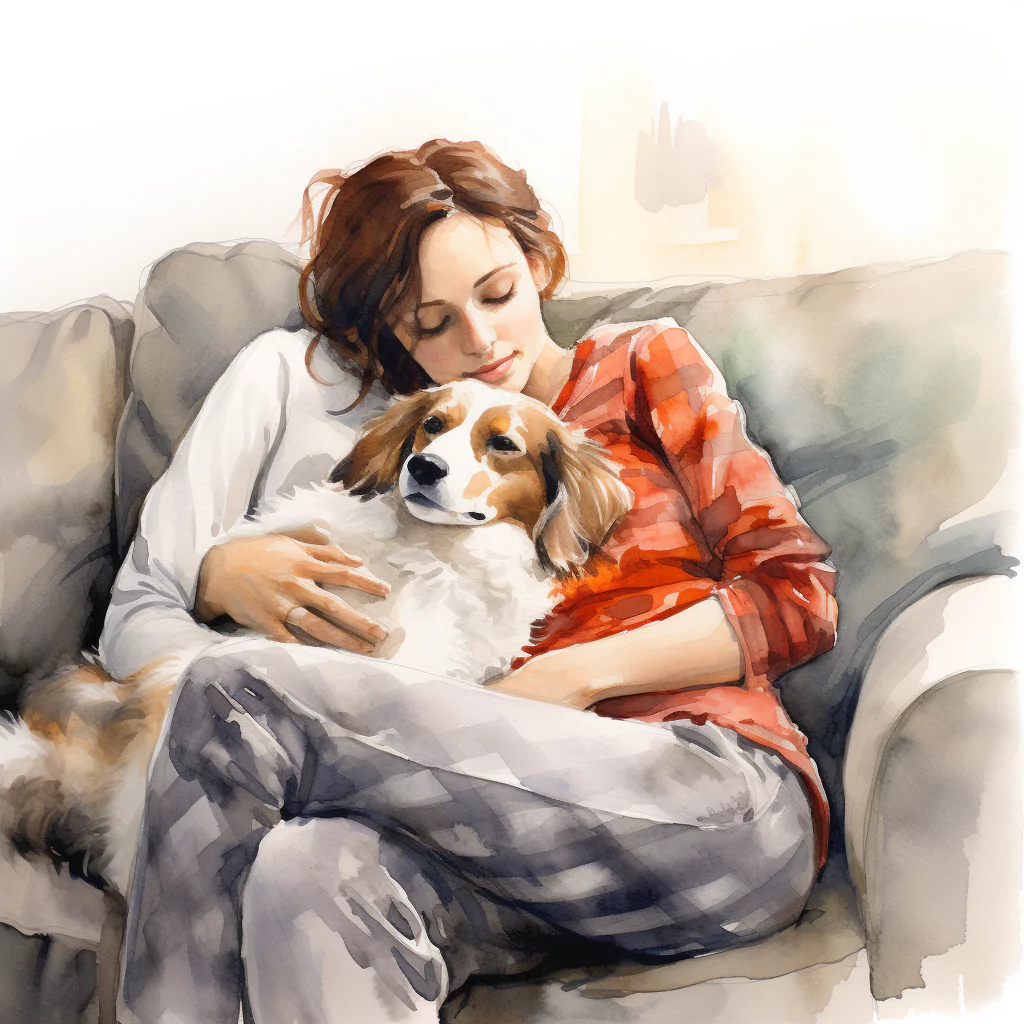 VAdrgvet a woman hugging her dog on the sofa loose watercolor s 603f3ba1 2205 4e76 a7ec e3c4157cb930.png