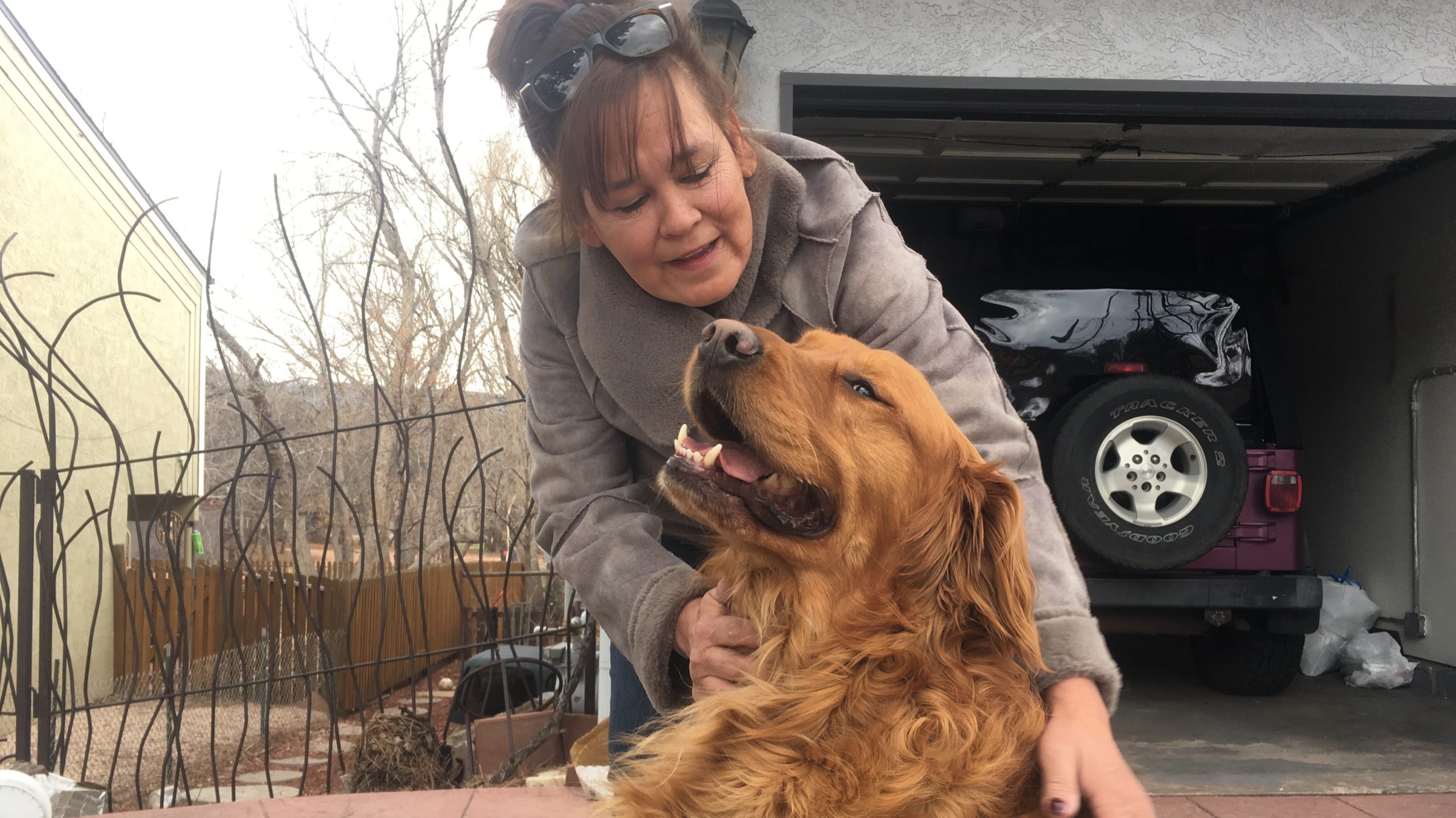 Karen and Sunny, the dog who delivers groceries