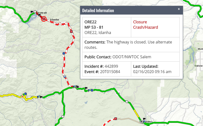 Hwy. 22 closure TripCheck 2-16