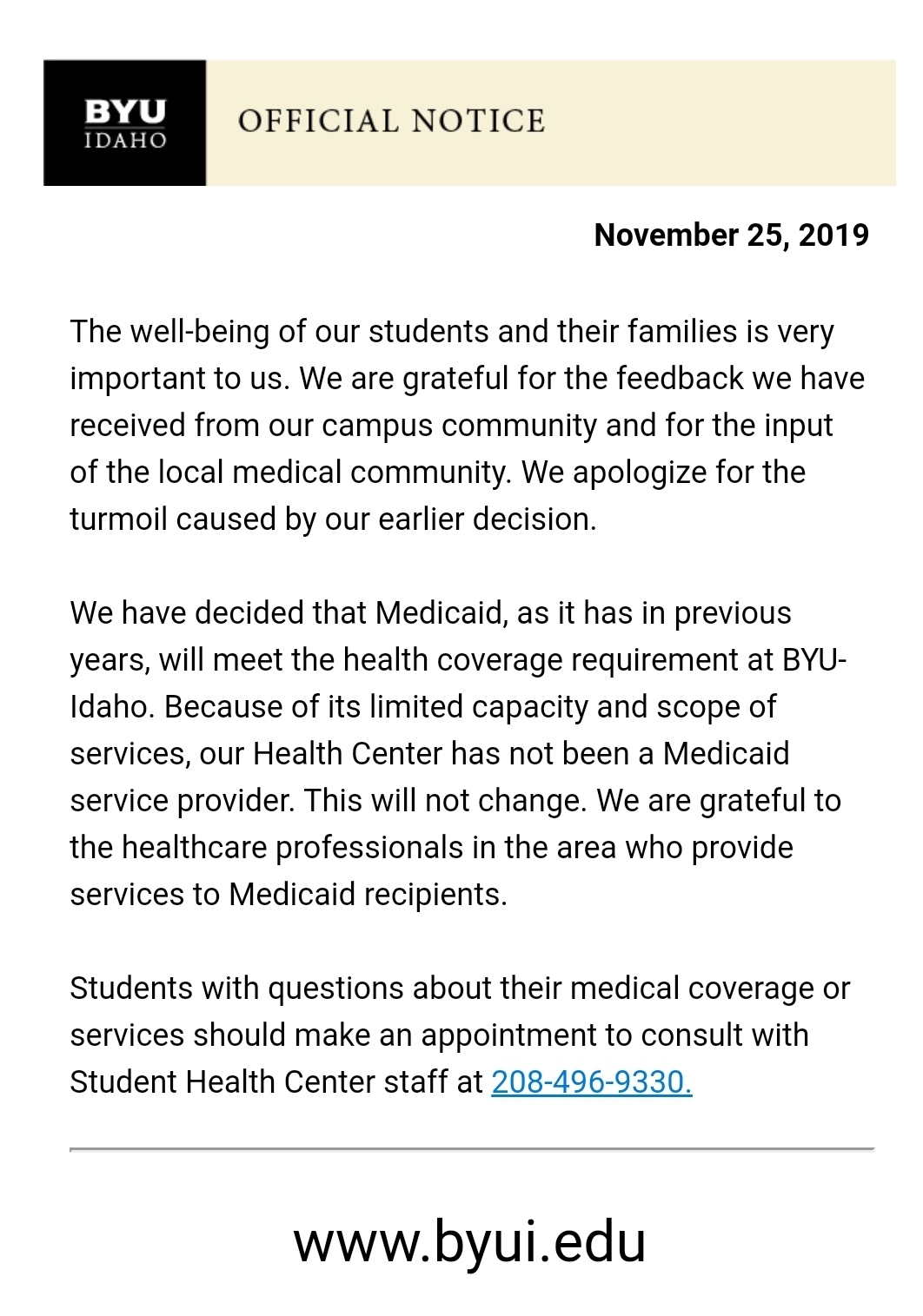BYU Idaho letter