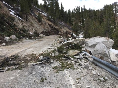 Highway 21 cleanup7_ A large boulder fell and dragged across the highway, gouging the pavement.