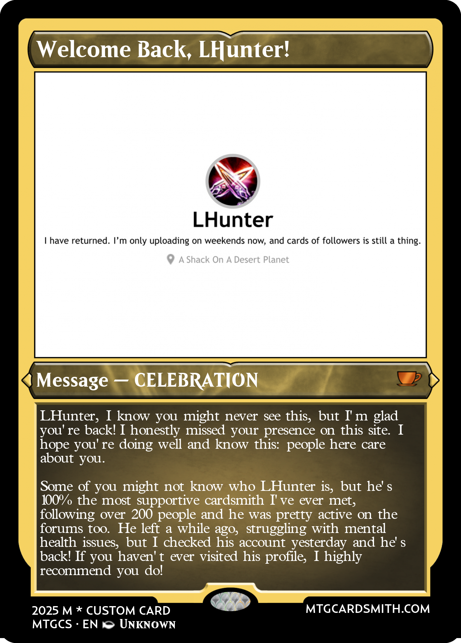 Welcome Back, LHunter!
