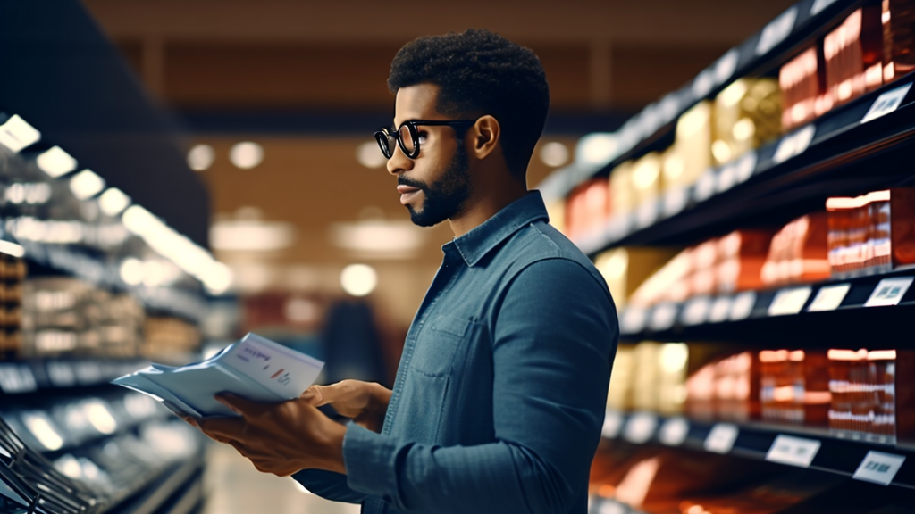 A shopper analyzing sale prices on various products in a store.