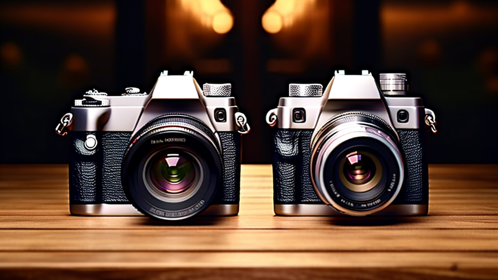 A side-by-side comparison of a DSLR and a mirrorless camera on a wooden table.