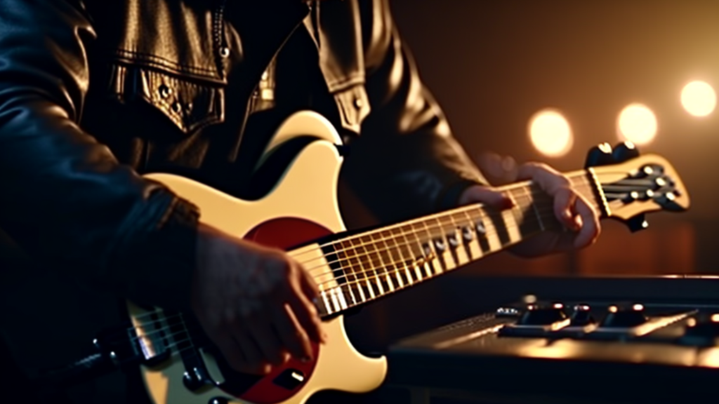 A guitarist adjusting the settings on a small practice amplifier in a home studio.