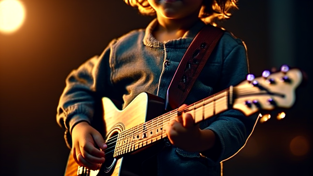 A young child holding a guitar that fits their size comfortably.