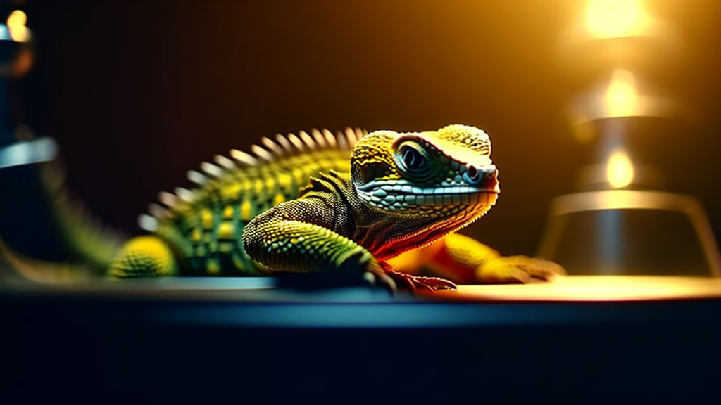 A reptile basking under a heat lamp in a terrarium.