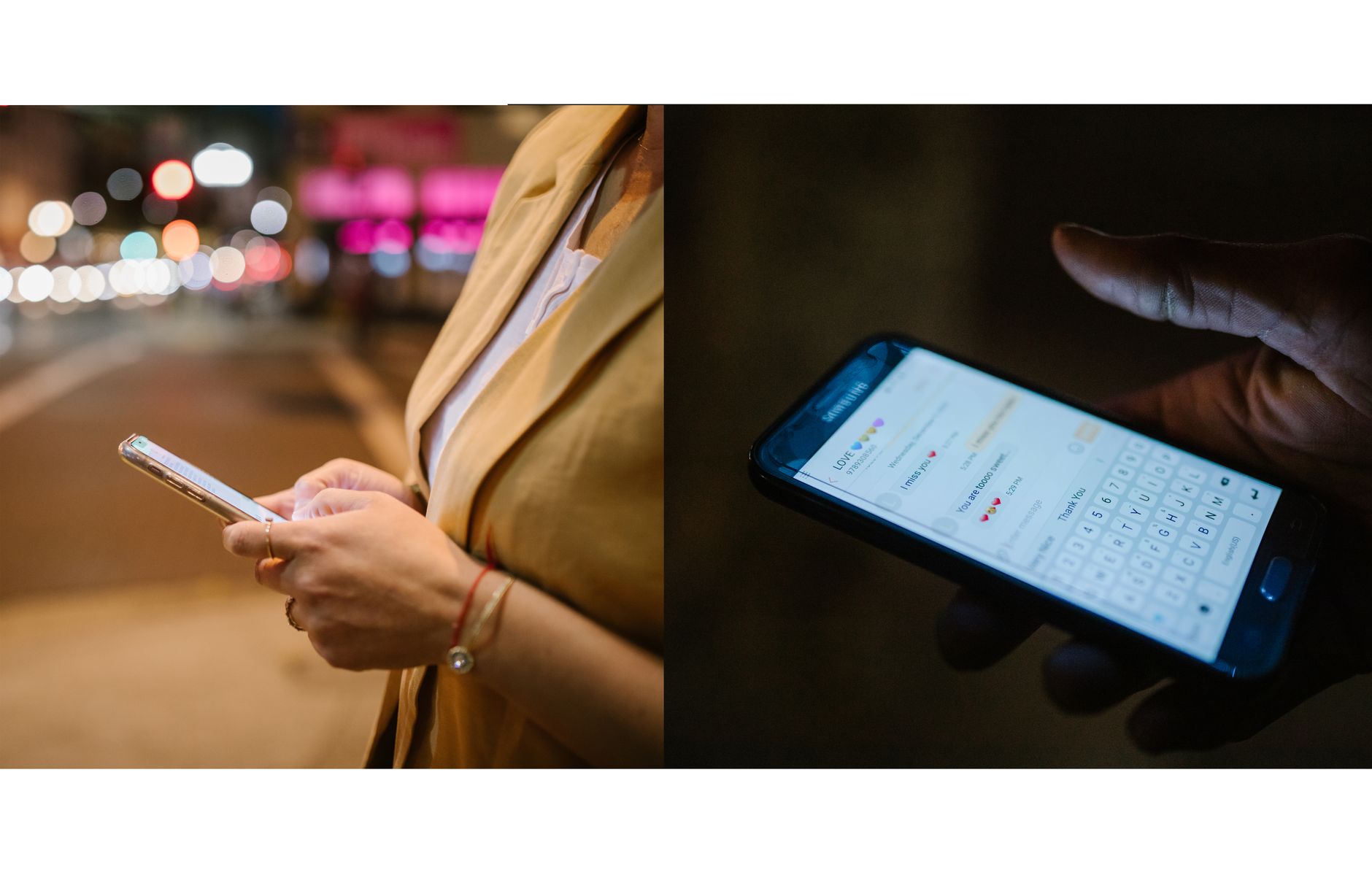 8GB ou 12GB de RAM: vale pagar a diferença? Two individuals using smartphones in an urban setting at night, showcasing modern communication.