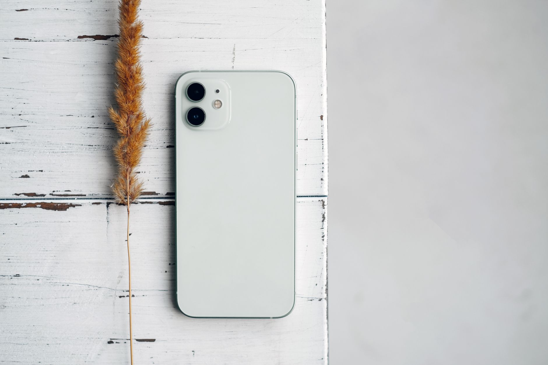 Celular 5G barato vale a pena ou é só etiqueta? A white smartphone alongside dry grass on a rustic white wooden table, showcasing minimalist design.