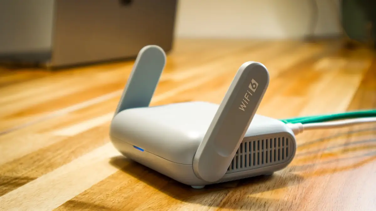 Roteador Wi-Fi 6 com antenas sobre uma mesa de madeira
