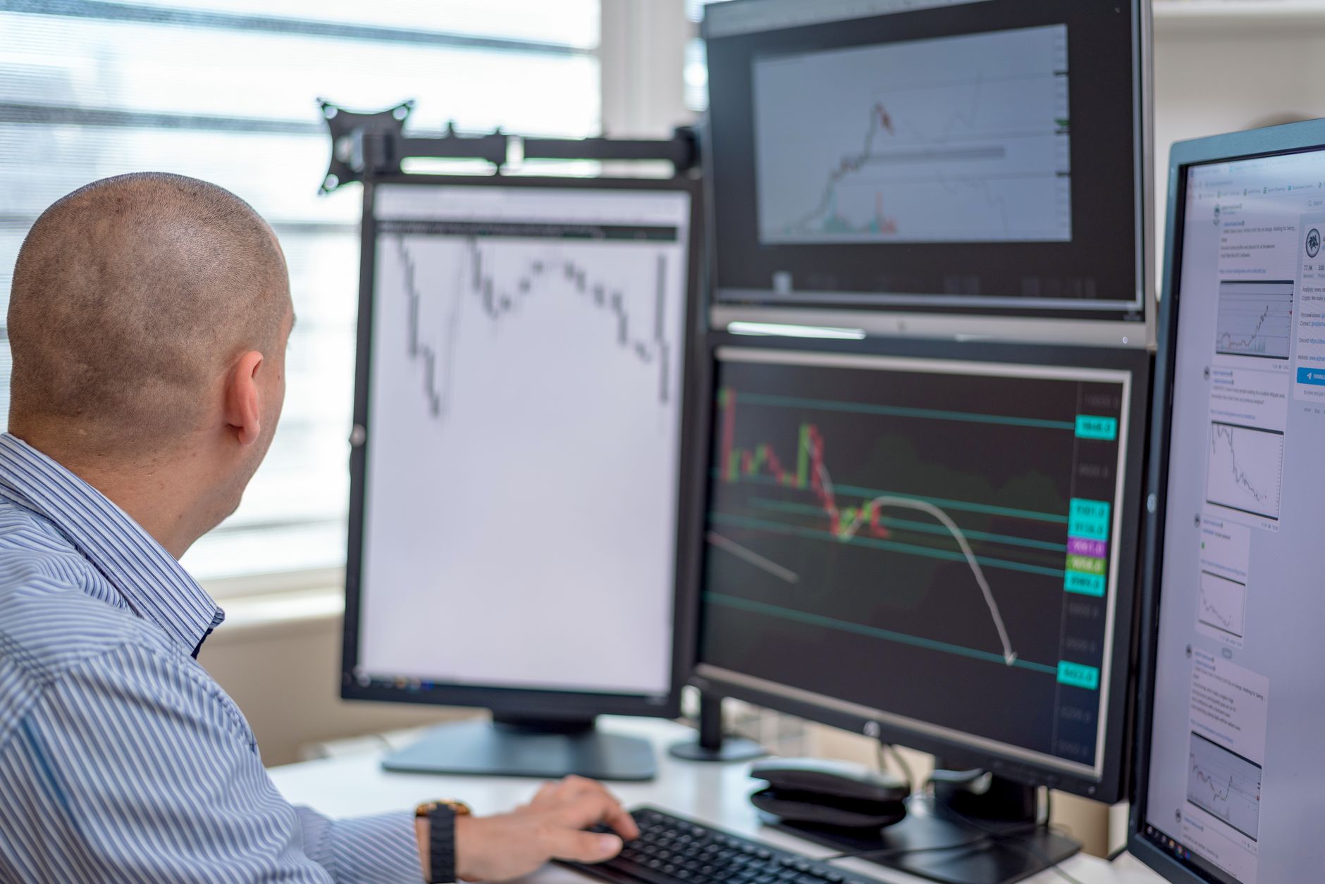 Feriados alteram a cotação do euro? Trader analyzing financial data on multiple monitors in an office setting.