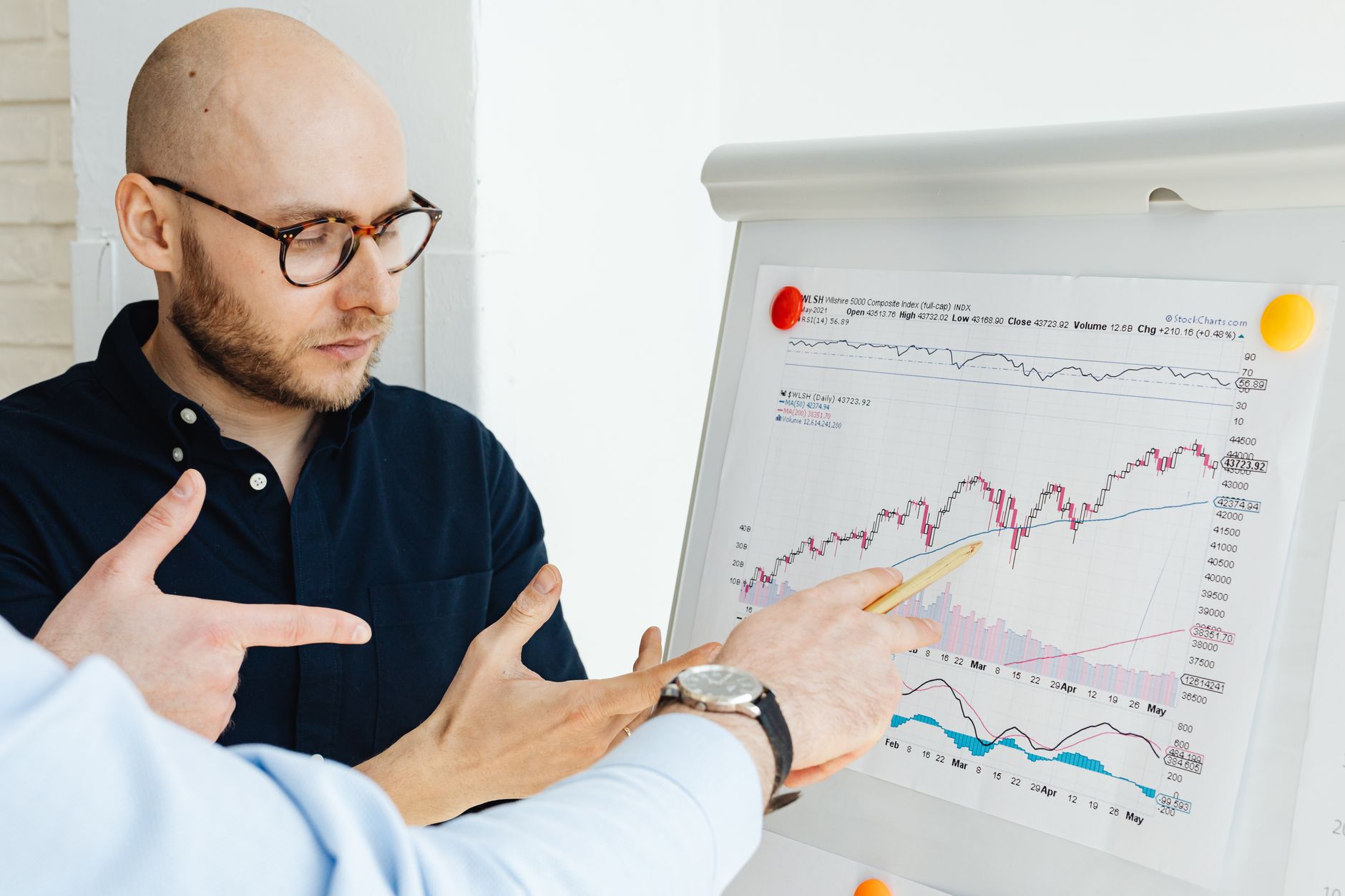 O que são swaps cambiais e para que servem Business professionals discussing financial graphs on a flipchart during a daylight meeting.