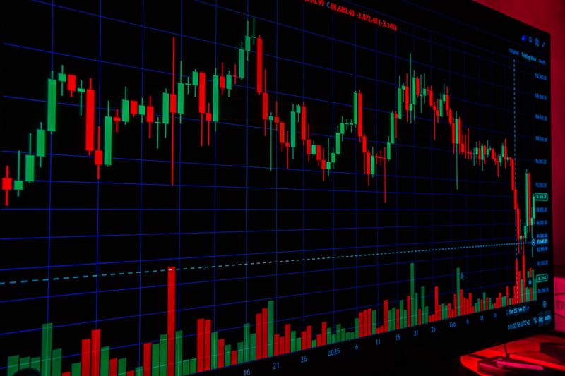 Close-up of a vibrant candlestick chart showing market trends and volatility. Ideal for financial and investment themes.