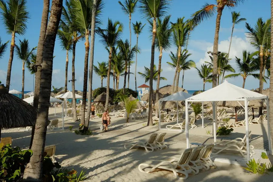 Resort à beira-mar com espreguiçadeiras e coqueiros em Punta Cana