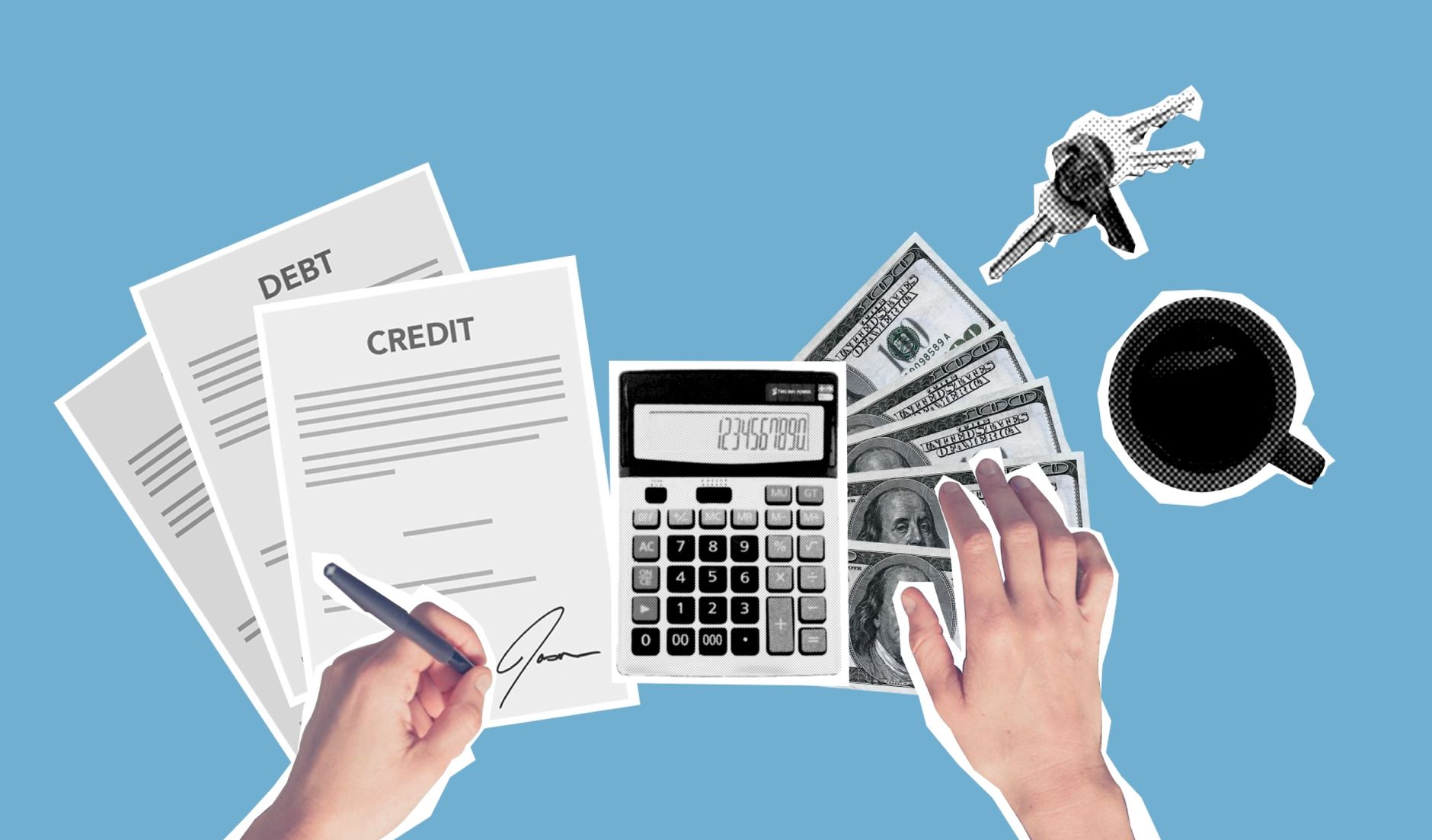 Empréstimo para quitar dívidas mais caras vale a pena? Top view of cutout paper composition of male signing credit paper while counting cash and apartment cost against blue background