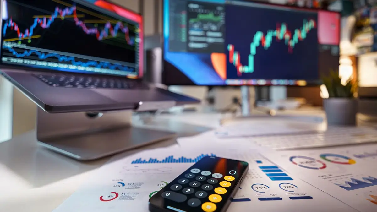Calculadora e gráfico de cotação de moedas sobre uma mesa de trabalho