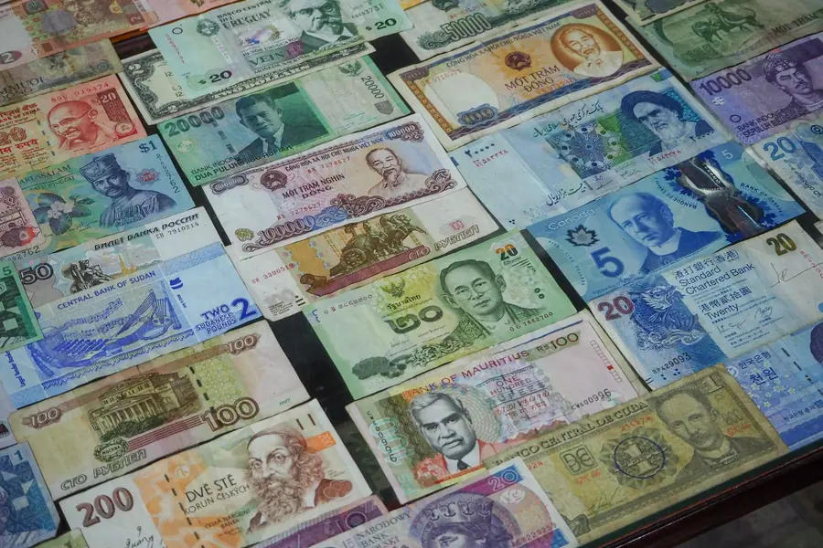 Coleção de notas de diferentes países arranjadas em uma fileira sobre a mesa