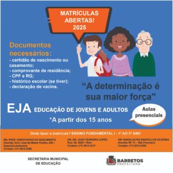 WhatsApp Image 2024-12-03 at 15.10.43 A Secretaria Municipal de Educação de Barretos abriu o período de matrículas para a Educação de Jovens e Adultos (EJA) 2025, voltada para pessoas a partir de 15 anos que não concluíram o Ensino Fundamental I.