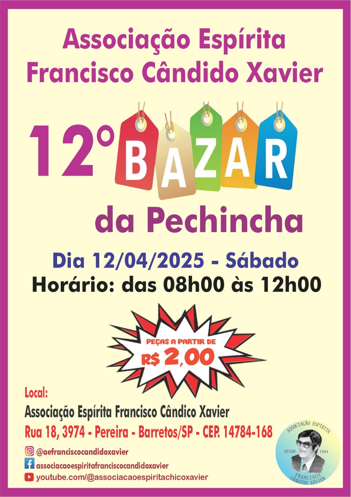 Associação Espírita confirma 12º Bazar da Pechincha