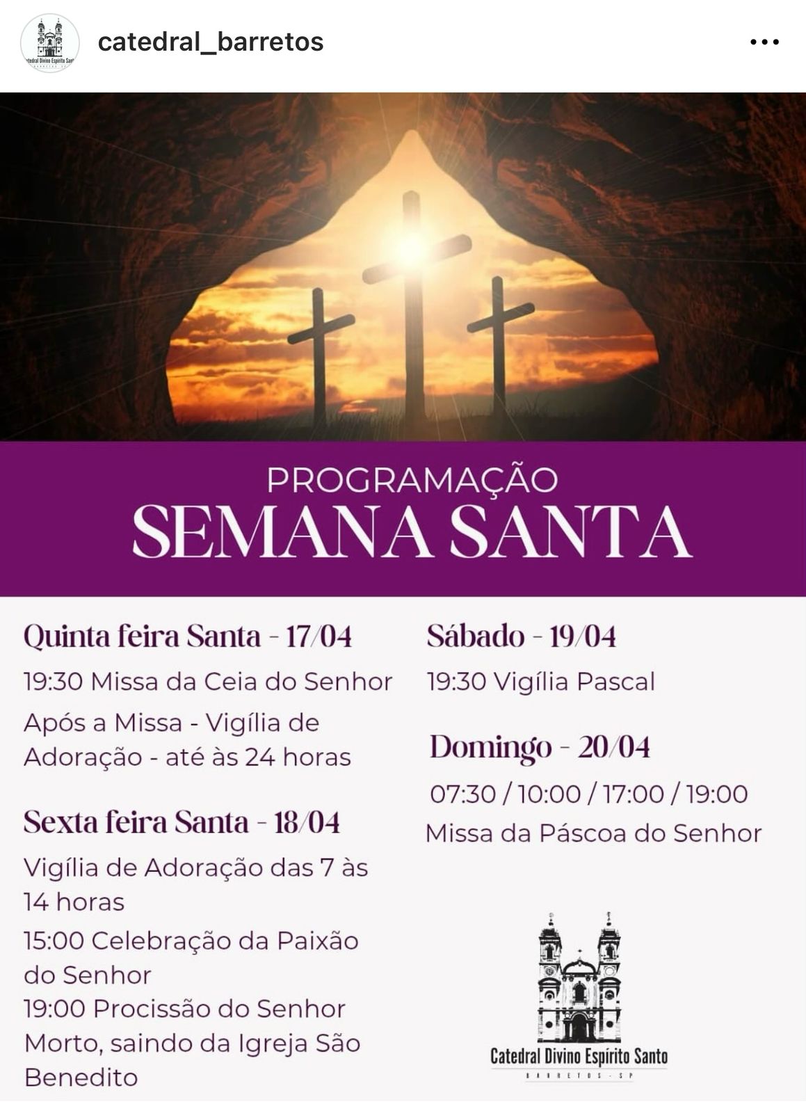 Catedral Divino Espírito Santo divulga programação da Semana Santa