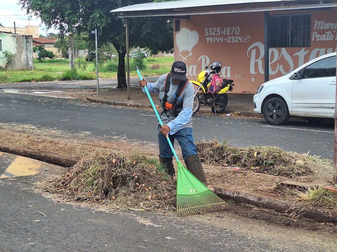 Jardineiro faz limpeza de canteiro de avenida