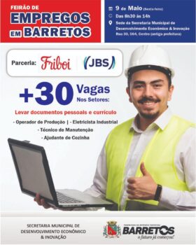 WhatsApp Image 2025-05-06 at 16.06.59 A Secretaria Municipal de Desenvolvimento Econômico & Inovação da Prefeitura de Barretos promove nesta sexta (9), mais um Feirão de Empregos em parceria com a Friboi (JBS).