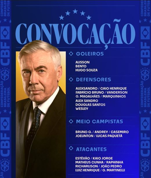Treinador Carlo Ancelotti convoca Seleção para jogos das eliminatórias
