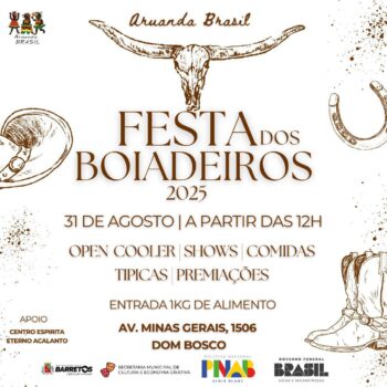 WhatsApp Image 2025-08-28 at 14.03.58 A diretoria do Aruanda Brasil, através do diretor Francisco Salviamo Miranda, “Tico” agendou para este domingo (31), a partir das 12h, a Festa dos Boiadeiros