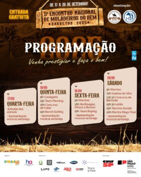 5º Encontro Nacional dos Muladeiros do Bem acontece até o dia 20 de setembro no Rancho Nossa Senhora de Guadalupe 5º Encontro Nacional dos Muladeiros do Bem acontece até o dia 20 de setembro no Rancho Nossa Senhora de Guadalupe