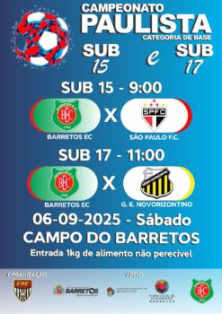 WhatsApp Image 2025-09-03 at 10.57.00 As equipes do Barretos Esporte Clube jogam neste sábado (6), no estádio Fortaleza pelo Campeonato Paulista, categoria Sub-15 e Sub-17 diante de grandes adversários do futebol nacional.