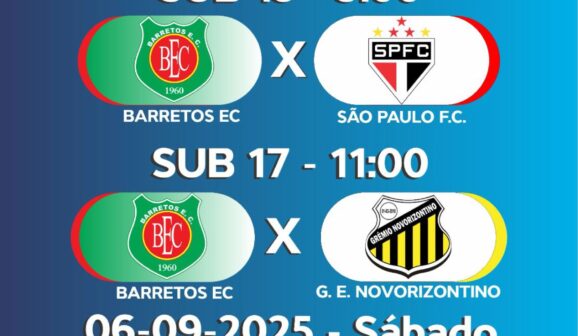 As equipes do Barretos Esporte Clube jogam neste sábado (6), no estádio Fortaleza pelo Campeonato Paulista, categoria Sub-15 e Sub-17 diante de grandes adversários do futebol nacional.