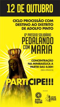 Os integrantes do Bonde do Tigrão e da Rota das Capelas informaram que está confirmada a 6ª edição da Ciclo Procissão com destino ao distrito de Adolfo Pinto no dia 12 de outubro, Dia de Nossa Senhora Aparecida.