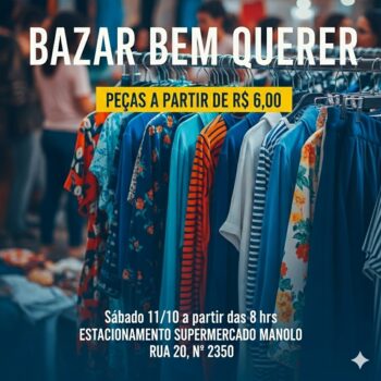 Acontece neste sábado (11), das 8h às 14h, mais uma edição do Bazar Bem Querer, promovido pelo Centro Espírita Beneficente União do Vegetal