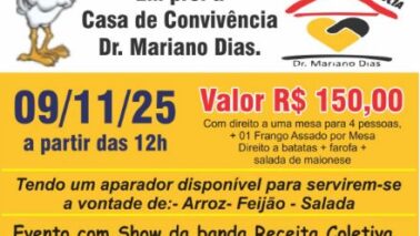A direção da Casa de Convivência Mariano Dias agendou para o dia 9 de novembro, à partir 12h, realização de um almoço beneficente que será realizado na Casa dos Engenheiros e Arquitetos.