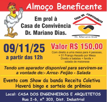 Casa de Convivência Mariano Dias agenda almoço beneficente
