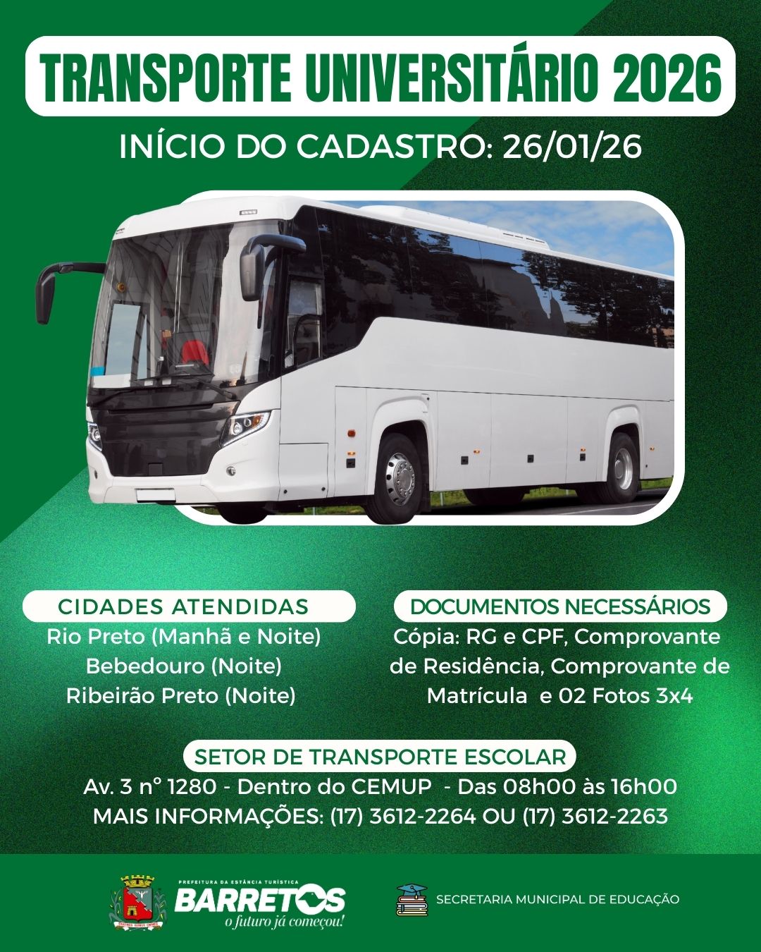 Data de cadastramento para transporte universitário