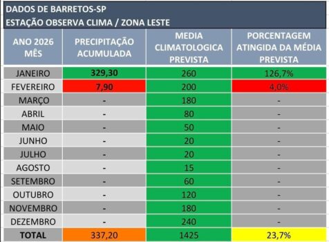 Chuvas de janeiro superam média prevista do mês com 329 mm