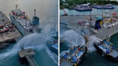 Navio que pegou fogo em porto de São Sebastião transportaria gado paa a Turquia (Foto: Reprodução/Corpo de Bombeiros)
